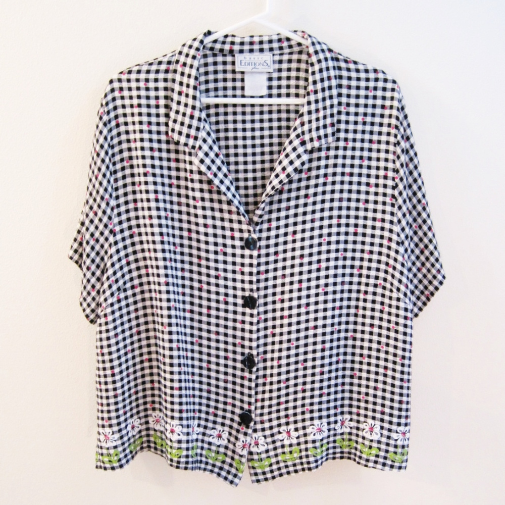 Basic Editions Blouse-Plus Size-B&W Gingham Print